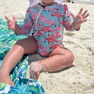 🦩 Ruffle Butts 🦩 Baby Girl One Piece Rash Guard Swimsuit Flamingo